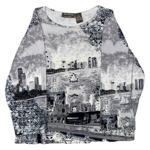 Jane Ashley Gray Black Cityscape Graphic 3/4 Sleeve Top S Cotton